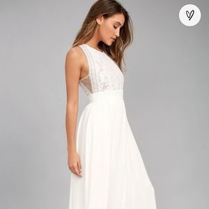 Lulu's ivory nude lace chiffon maxi dress medium *D4